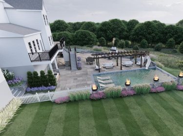 A pool and pergola in a landscaped yard